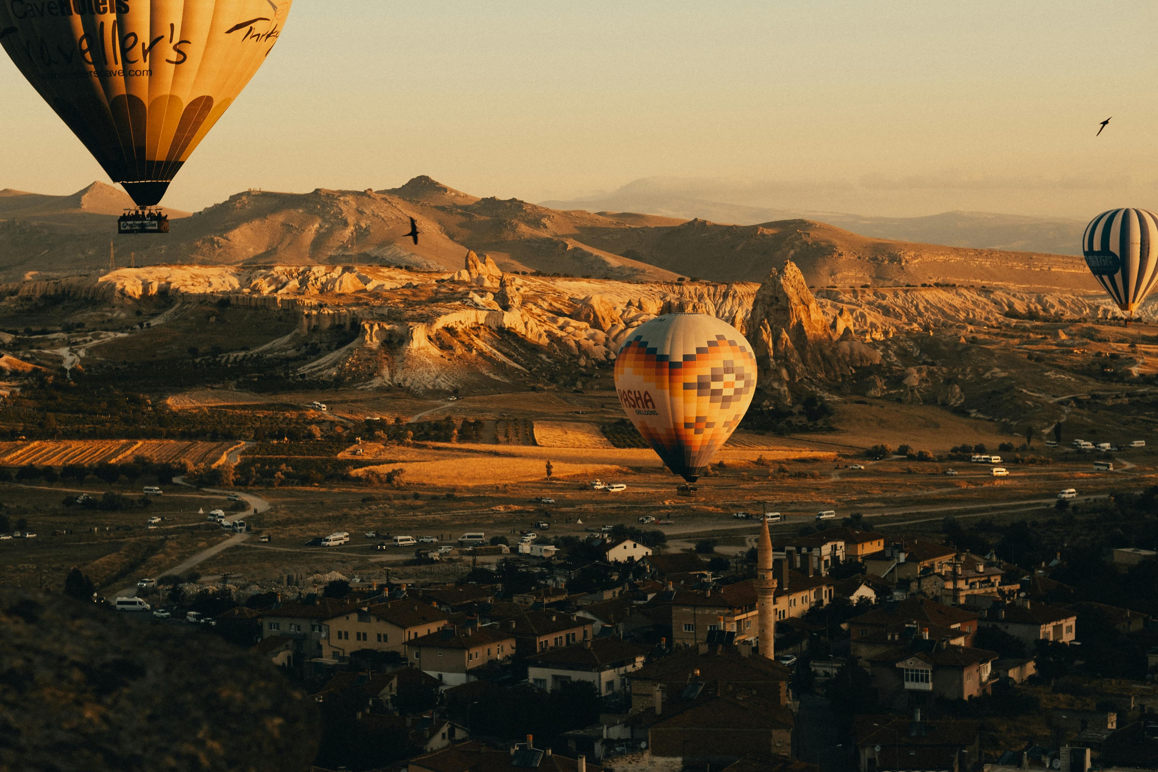 Birds Flying with Hot Air Balloons over a City and Hills at Sunset